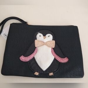 Lauren Conrad Zip Pouch Wristlet Penguin Large Clutch Purse Faux Fur Black Pink